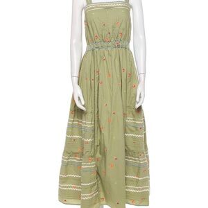 Roller Rabbit green maxi with embroidered citrus, shrimp, palms, and cocktails.